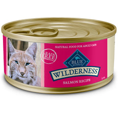 Blue Buffalo Wilderness Salmon Paté can close-up shows protein-rich meal for adult cats.