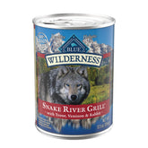 Blue Buffalo Wilderness Snake River Grill front can shows premium protein.
