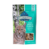 Blue Buffalo Wilderness Trout Treats packaging highlighting real trout protein for cats.