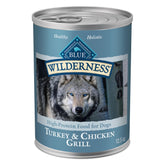 Blue Buffalo Wilderness turkey-chicken grill can, real meat first for protein.