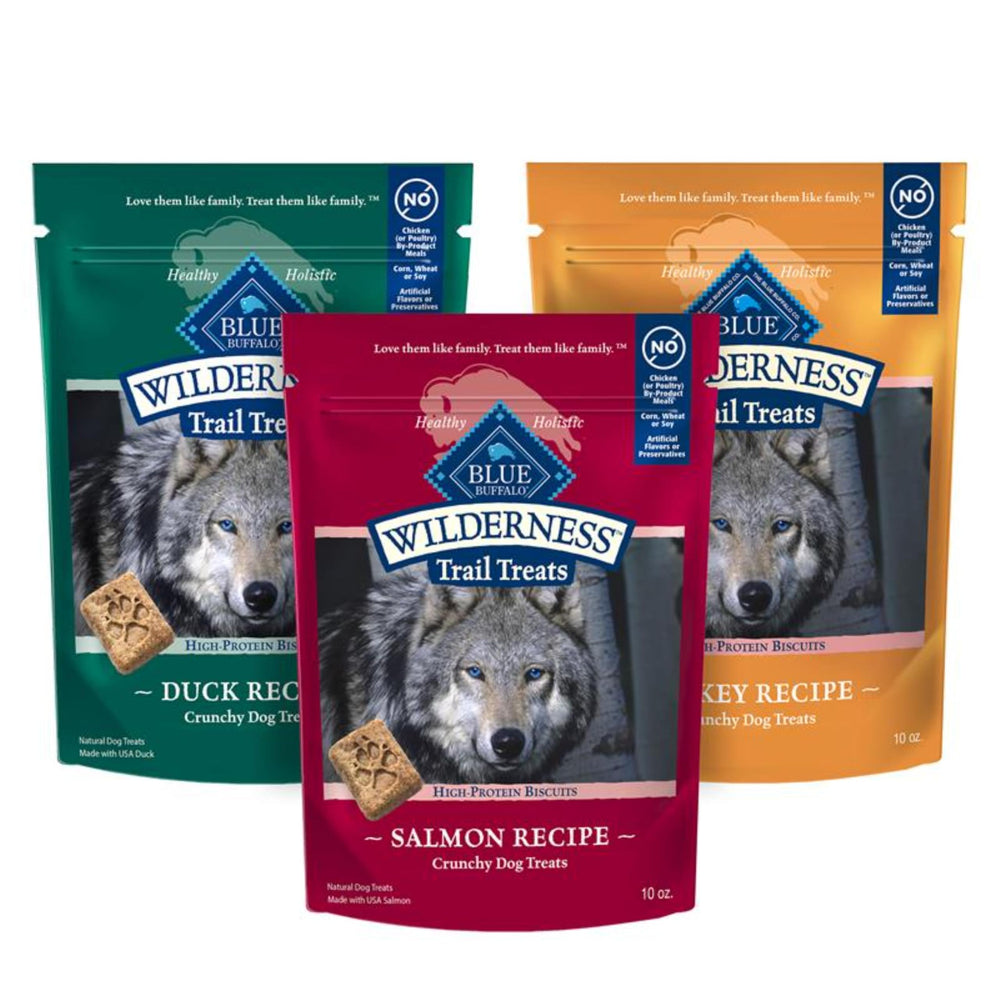 Blue Buffalo Wilderness variety pack pack shot shows three tasty high-protein treats for dogs.