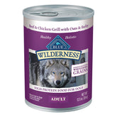 Blue Buffalo Wilderness beef-chicken grill can image; protein-packed meal for active dogs.