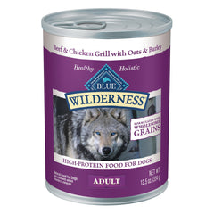 Blue Buffalo Wilderness beef-chicken grill can image; protein-packed meal for active dogs.