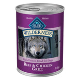 Blue Buffalo Wilderness beef-chicken grill wet dog food can with real beef first ingredient, protein-rich.