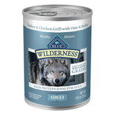 Blue Buffalo Wilderness wet food with turkey-first-ingredient promotes protein-forward meals.