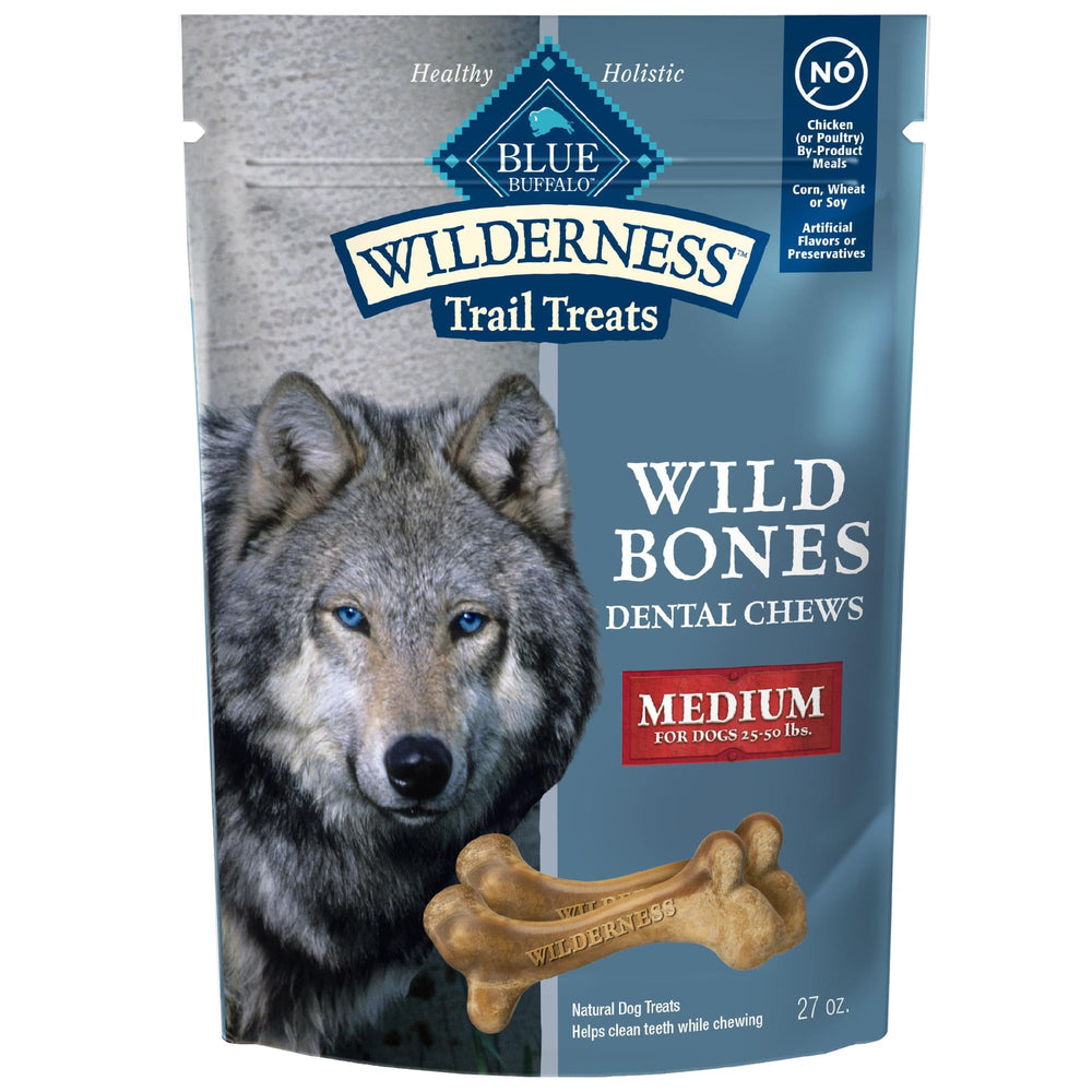 Blue Buffalo Wilderness Wild Bones Medium Dental Chew bag for daily dental care.