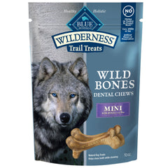 Blue Buffalo Wilderness Wild Bones Mini Dental Chews pack shot supports small-dog dental care.
