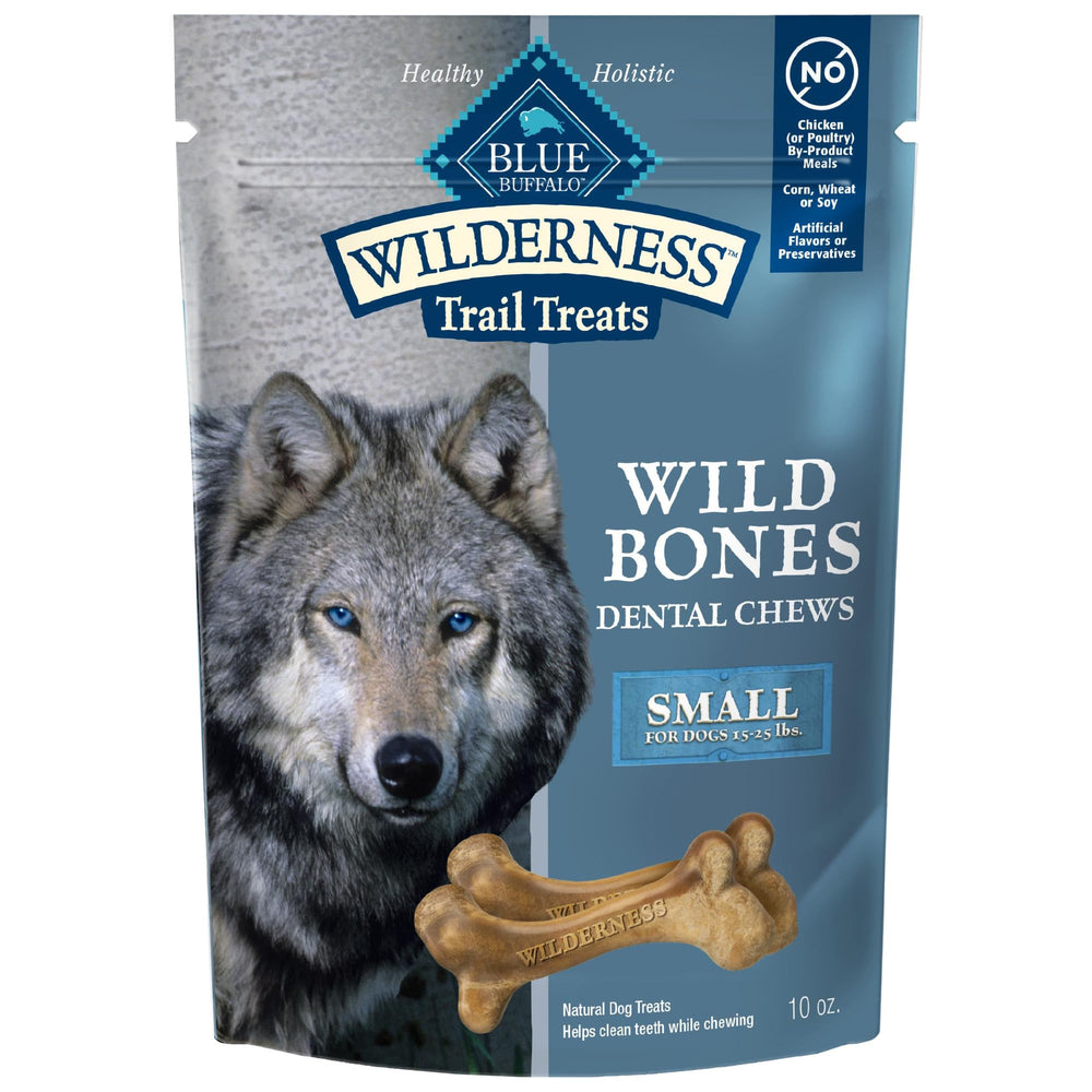 Blue Buffalo Wilderness Wild Bones Small Dental Chew pack-front highlighting grain-free formula.