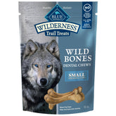 Blue Buffalo Wilderness Wild Bones Small Dental Chew pack-front highlighting grain-free formula.