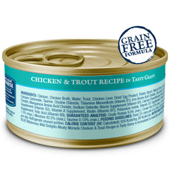 Blue Buffalo Wilderness Wild Delights can open, showing chicken-trout morsels in gravy