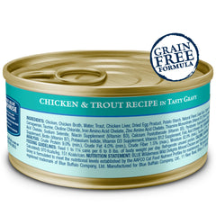 Blue Buffalo Wilderness minced texture close-up in gravy, highlighting protein-packed bite.