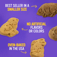 Blue Dog Bakery More Crunch assorted flavors bag displays varied shapes for dogs.