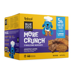 Blue Dog Bakery More Crunch assorted-flavors biscuits for dogs promote dental health.