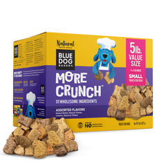 Blue Dog Bakery More Crunch box shows the 5-pound bulk package for easy storage.