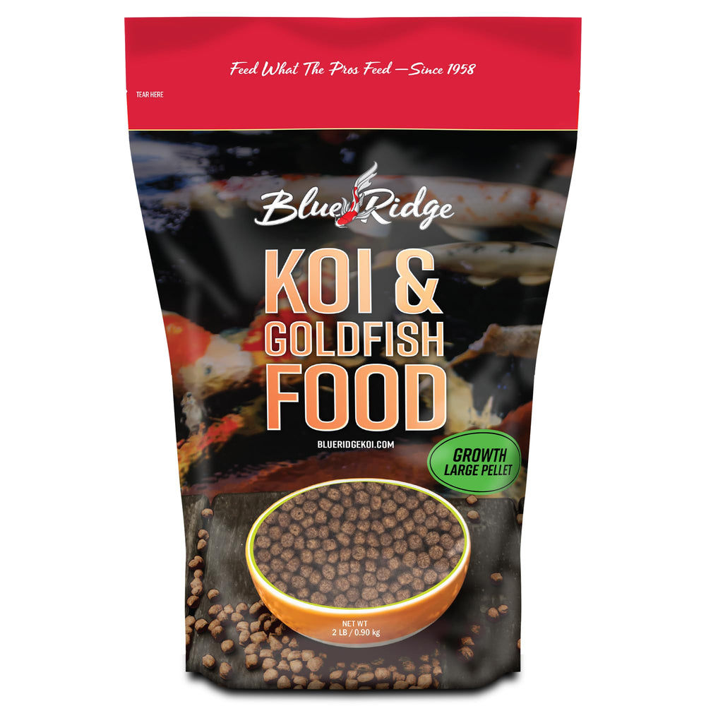 Blue Ridge Koi Food 2lb bag on a shelf, showcasing premium floating pellets for ponds.