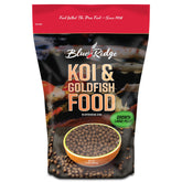 Blue Ridge Koi Food 2lb bag on a shelf, showcasing premium floating pellets for ponds.