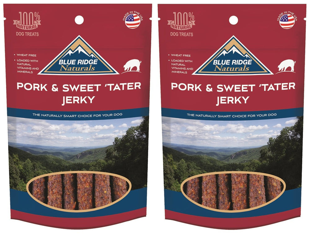 Blue Ridge Naturals pork-sweet-potato-jerky-12oz pack for tasty training rewards.