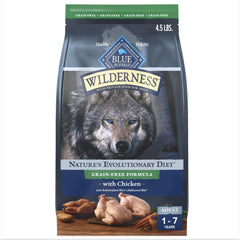 Blue Wilderness real-chicken kibble in bag supports lean muscles for adult dogs.