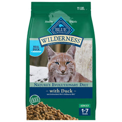 Blue Wilderness Duck Recipe bag shows real duck first; protein-packed dry food for adult cats.