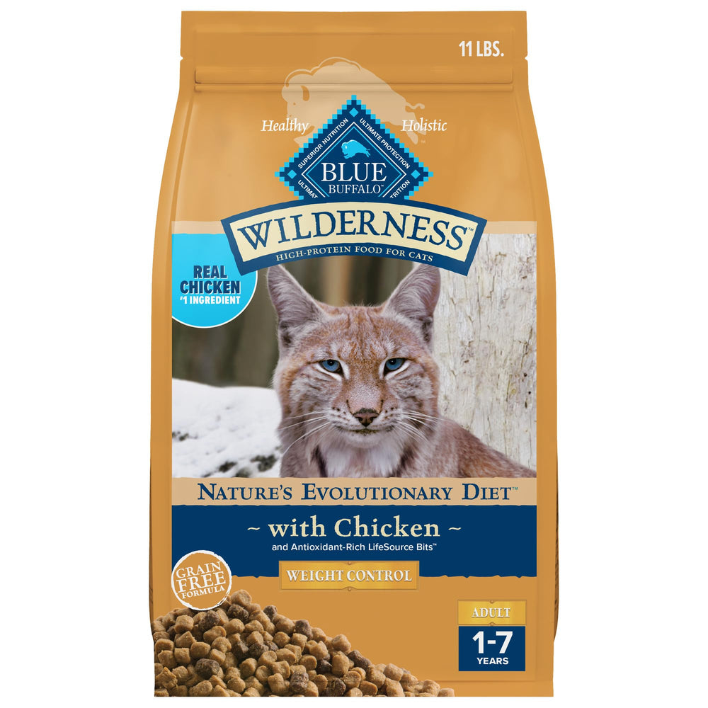 Blue Wilderness high-protein chicken kibble for adult cats, showing protein-rich formula