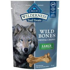 Blue Buffalo Wilderness Wild Bones large dental chew packaging highlighting grain-free ingredients