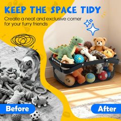 BluPup toy bin reduces clutter by neatly storing tennis balls and ropes.