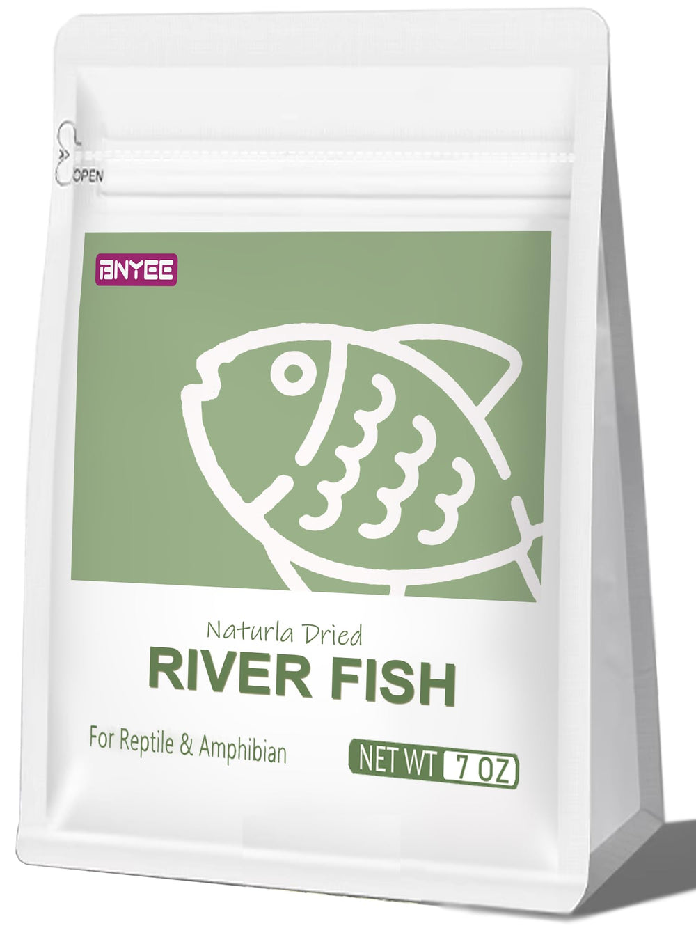 BNYEE dried river fish 7oz packaging-front, protein-rich natural treat for turtles and reptiles.