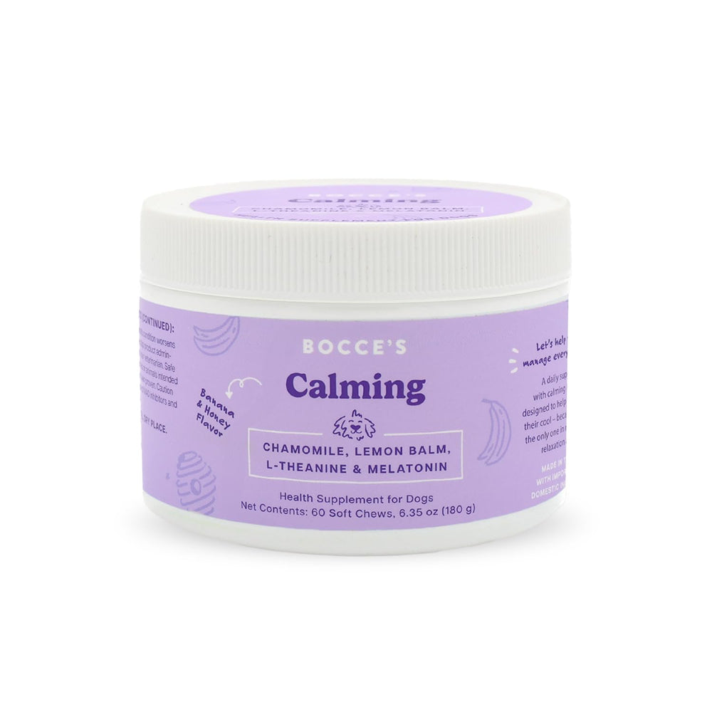 Bocce's Bakery Calming dog supplement bottle shows daily calm support for busy pups.