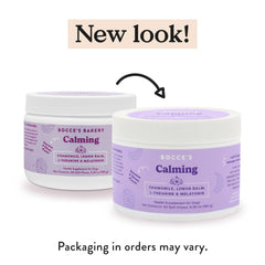 Bocce's Bakery Calming soft chews jar demonstrates tasty, bite-sized treats for everyday stress relief.