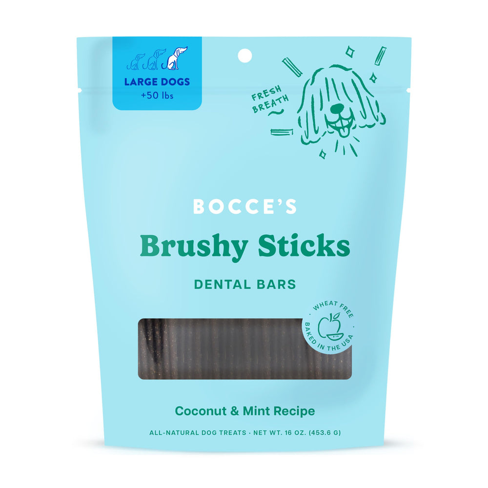 Bocce's Bakery Brushy Sticks dental bar with bristle ridges for teeth cleaning.
