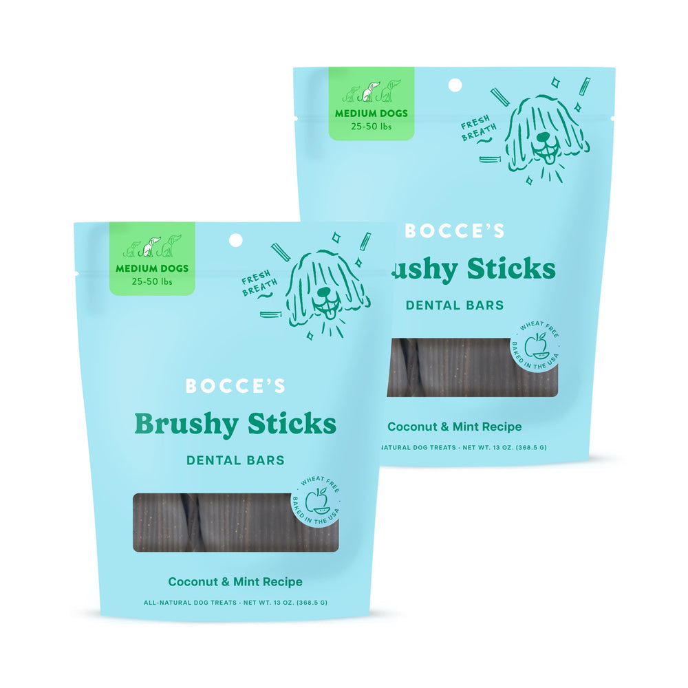 Bocce’s Bakery Dental Brushy Stick for medium dogs with bristle ridges for cleaning.