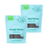 Bocce’s Bakery Dental Brushy Stick for medium dogs with bristle ridges for cleaning.