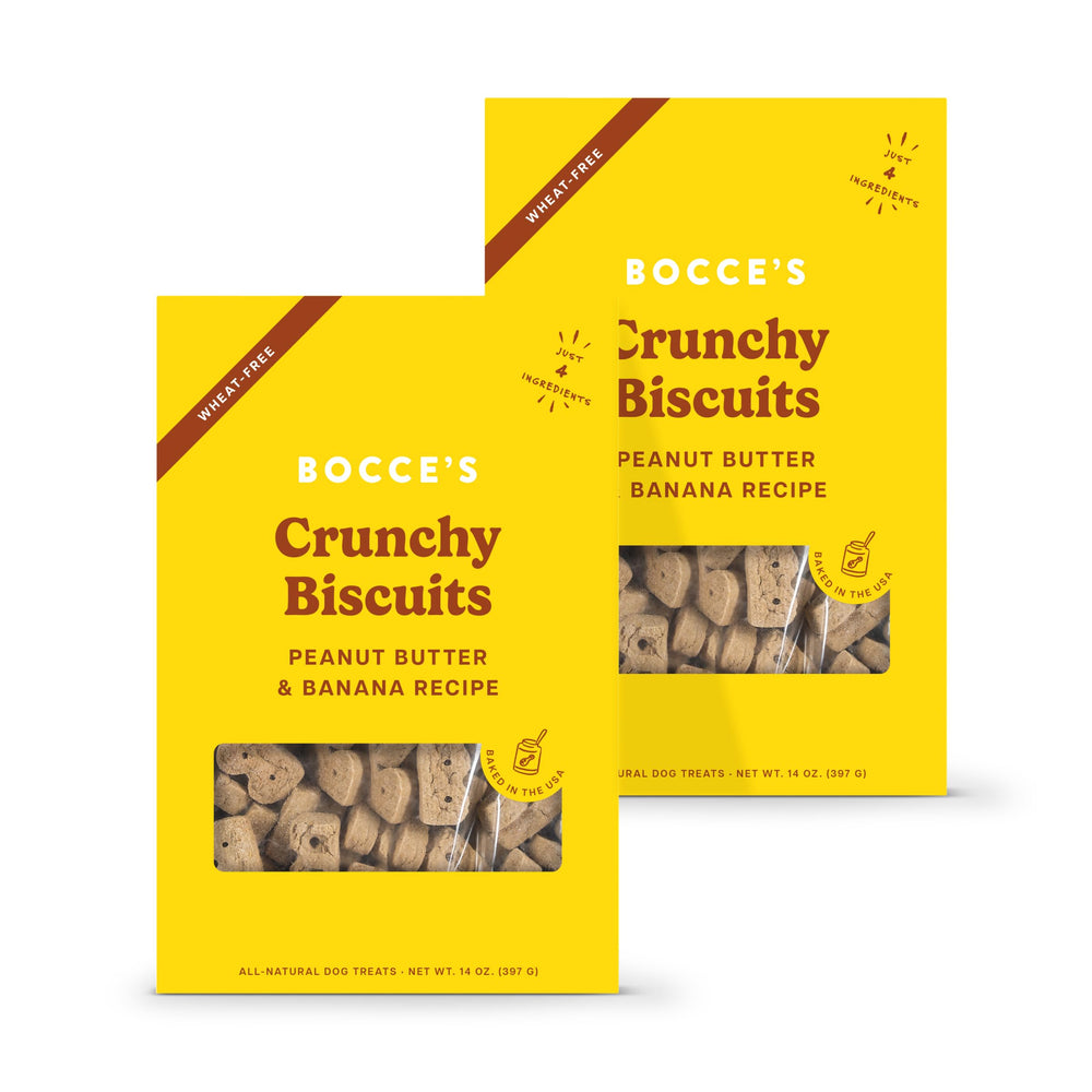 Bocce's Bakery PB & Banana Treat Bundle packaging on kitchen counter; wheat-free snack option.