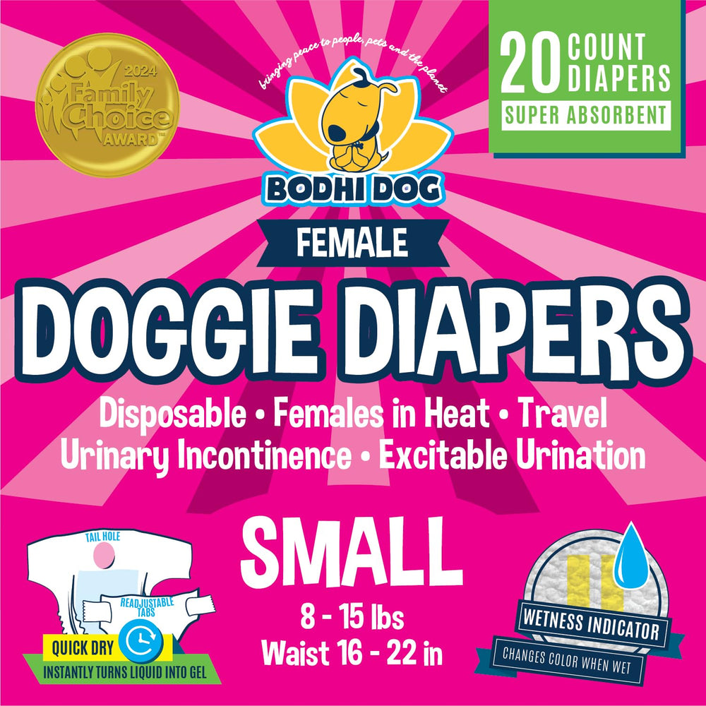 Bodhi Dog packaging for disposable female dog diapers with 20-count box for easy stocking.