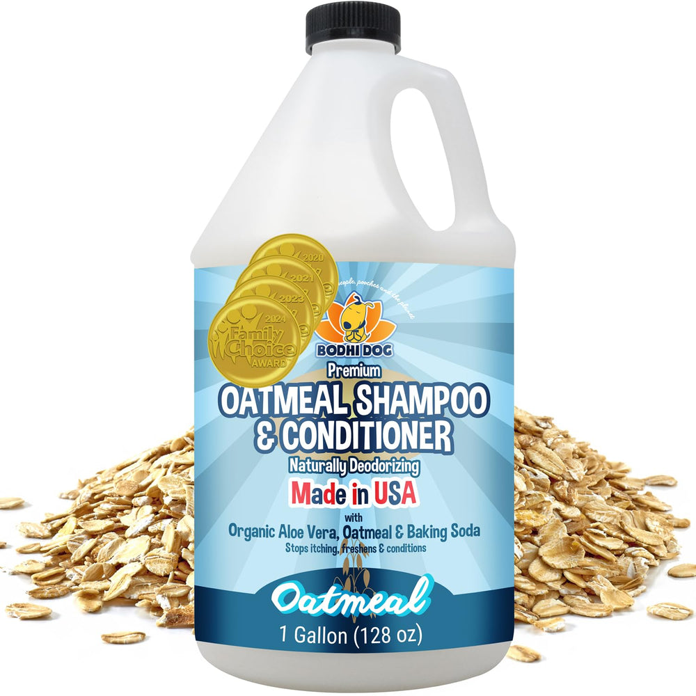 Bodhi Dog natural oatmeal shampoo bottle highlighting a gentle cleanse for sensitive skin.