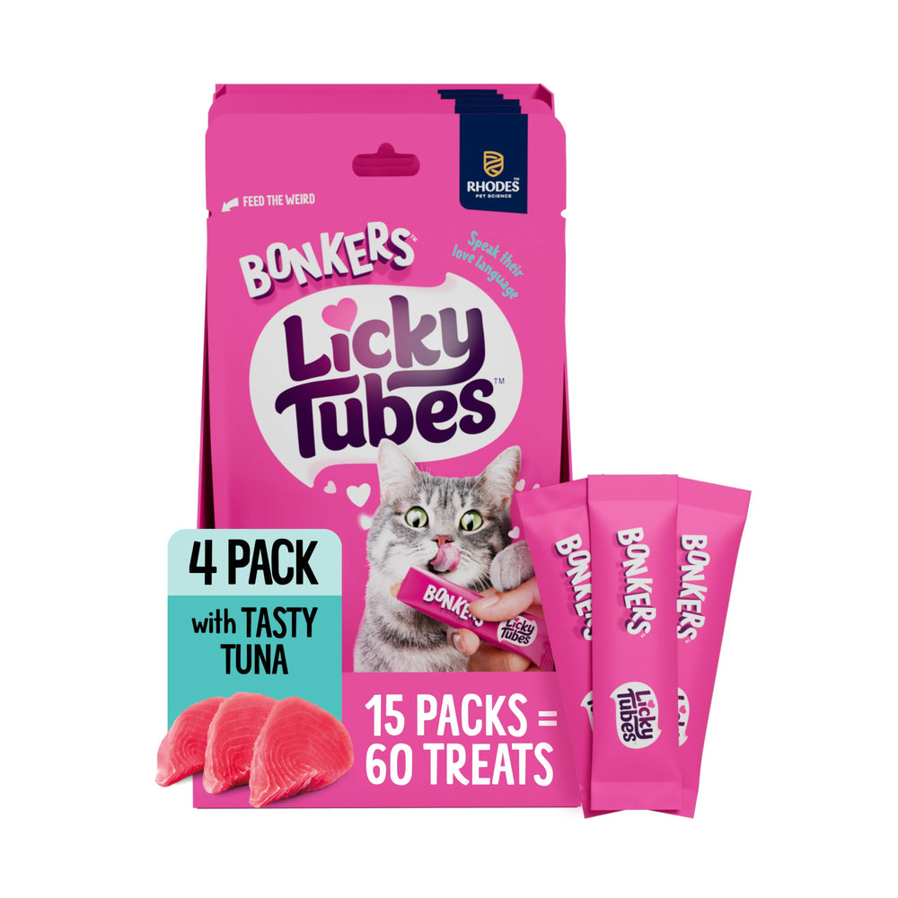 Bonkers Licky Tubes 4-pack real tuna handheld treats for cats.