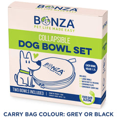 Bonza twin-pack dog bowls open for quick meals on the go.
