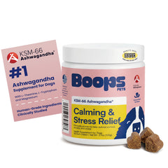 Boops Pets Calming Chews bottle labeled for dog calming support during stressful events.