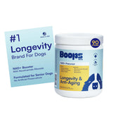Boops Pets NAD+ soft chews bottle label highlighting longevity formula for seniors
