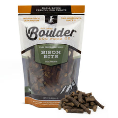Boulder Dog Food Company Bison Bits packaging showing 8oz bag for training rewards