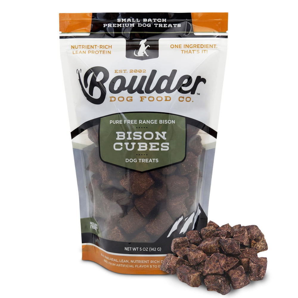 Boulder Dog Food Company Bison Cubes single-ingredient close-up, ideal for picky dogs.