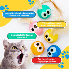 Bouncy Tails cat ball toy with eye design and feathers supports playful pounce action.