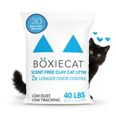 Boxiecat unscented 40lb litter bag highlighting long-lasting odor control.