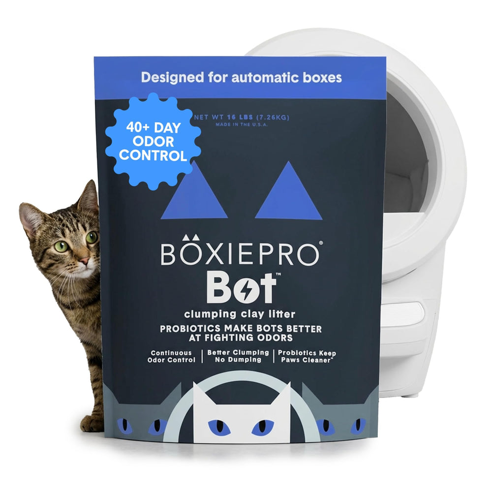 BoxiePro Bot probiotic litter packaging for easy setup in a modern home.