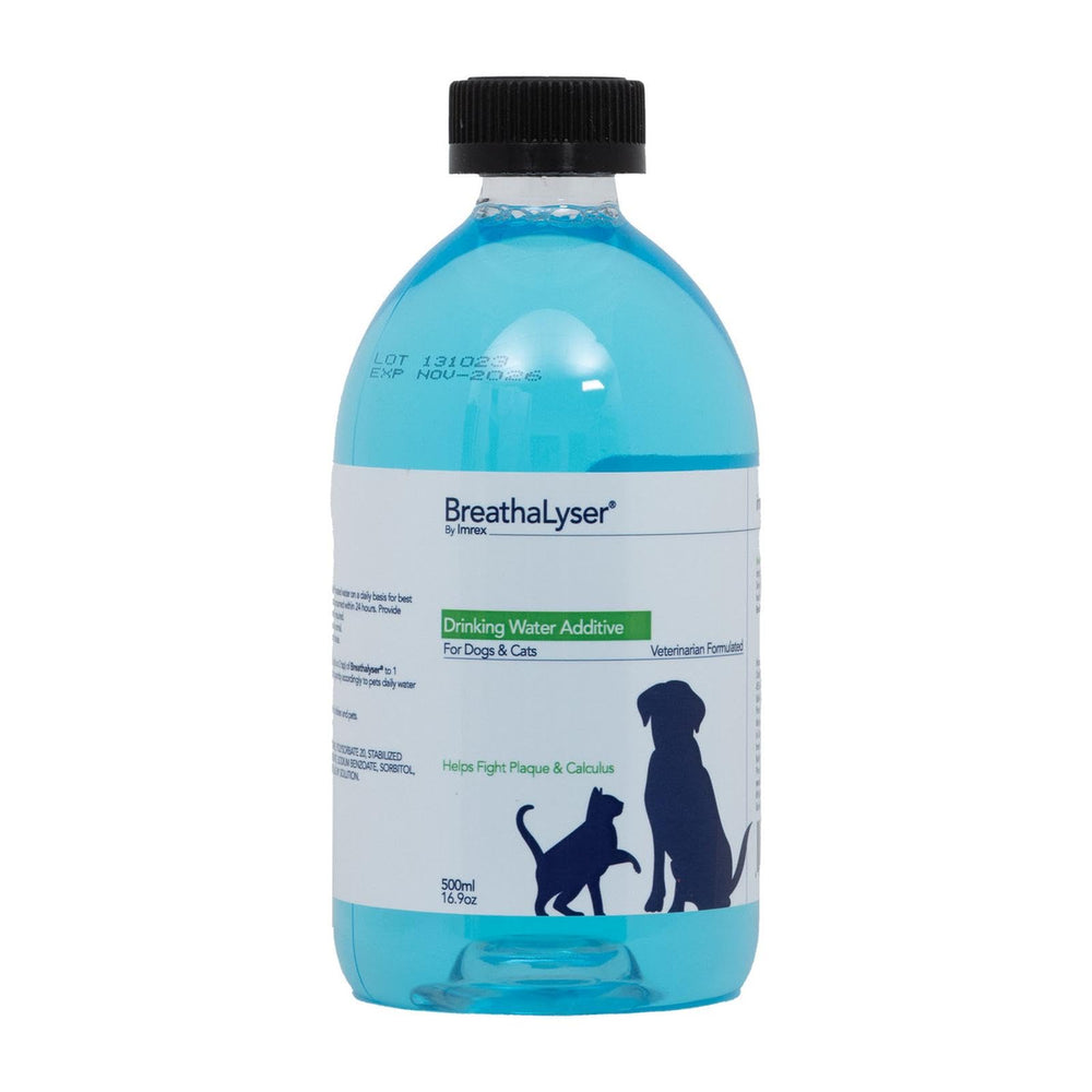 Breathalyser Plus bottle shown with dog-safe, alcohol-free water additive.