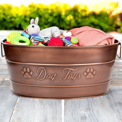 BREKX indestructible dog toy bin with handles for easy transport.