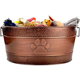 BREKX indestructible metal dog toy bin with handles keeps toys organized.