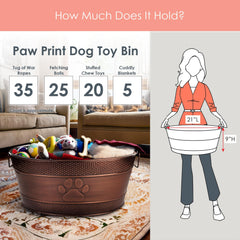 Embossed paw print detail highlights a sturdy storage solution for dog toys.