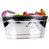BREKX metal indestructible dog toy bin with handles for easy transport and organization.