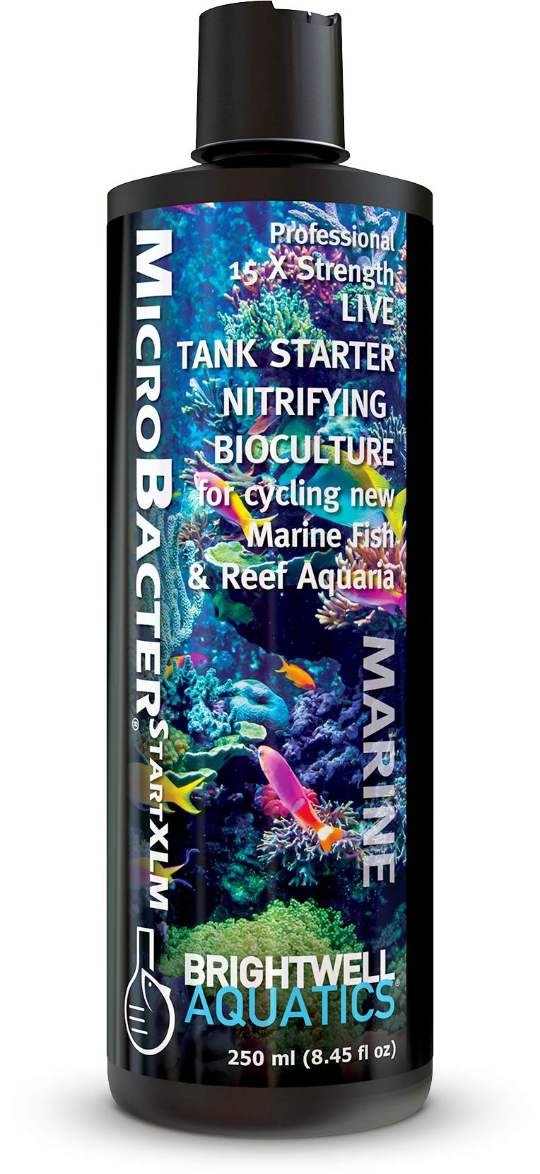 Brightwell Aquatics MicroBacter Start XLM bottle label highlights concentrated nitrifying bacteria for quick cycle